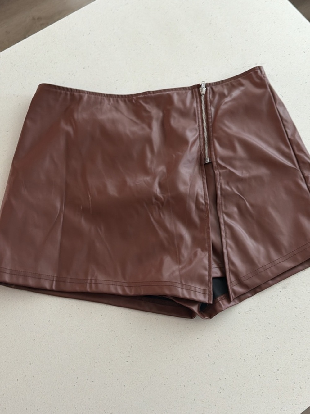 SHEIN Brown Faux Leather Women’s Skort Shorts with Front Zip
